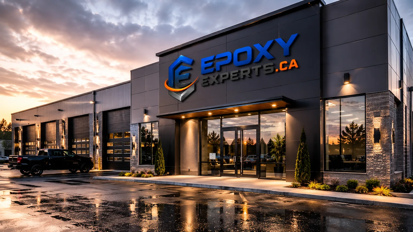 Bâtiment commercial de revêtements époxy en soirée