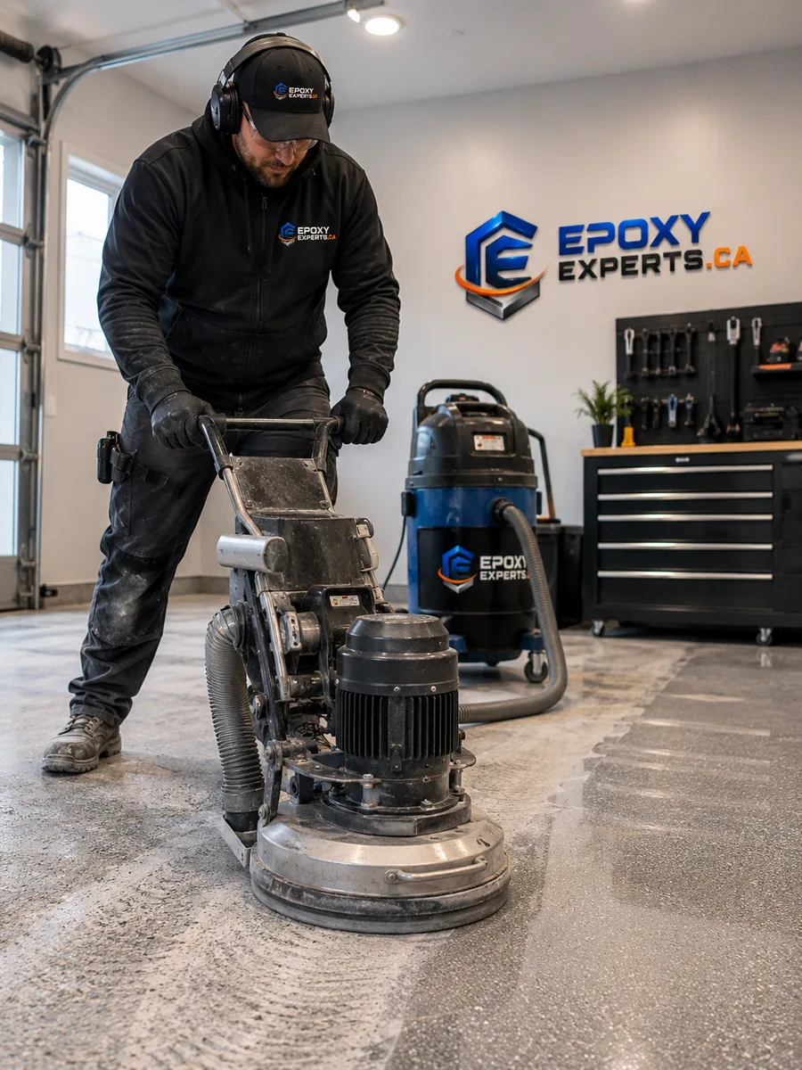 Meulage d'un plancher de béton avant l'application de l'époxy
