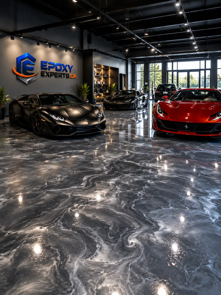 Salle de montre avec plancher époxy métallique et voitures de prestige