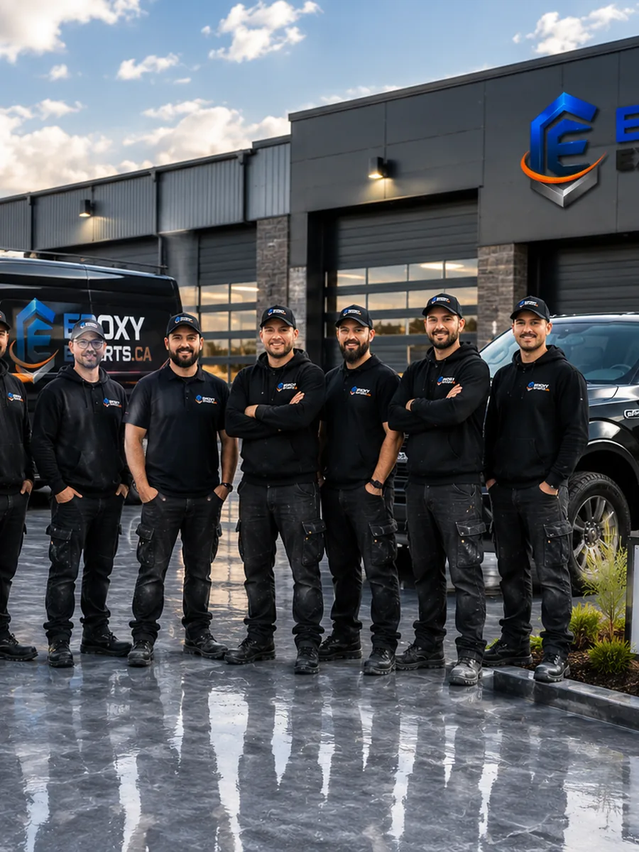 Équipe de spécialistes en revêtements époxy devant leurs véhicules